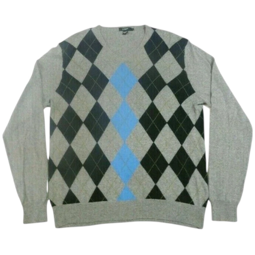 J Crew Sweater Mens Large Argyle Cotton Cashmere V-Neck Pullover Gray Blue Black